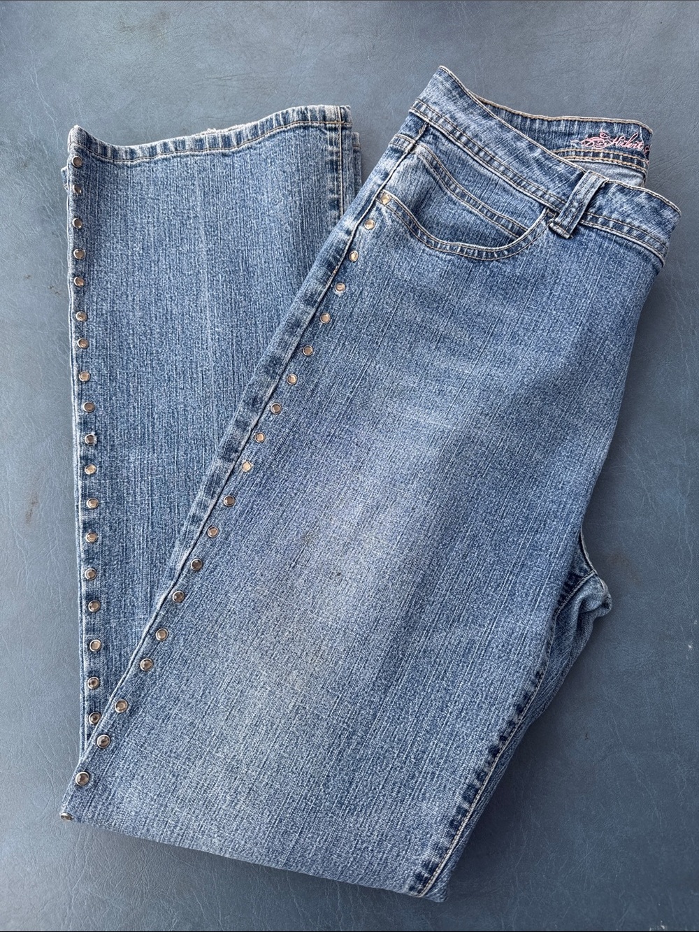 KiKit Stud-Trim Wide Leg Jeans in Light Blue